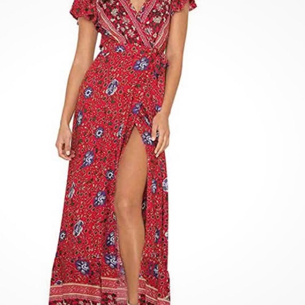 Red Floral Boho Wrap Maxi Dress Flutter Sleeve Festival Dress